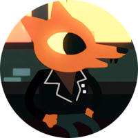 an icon of Gregg from the game Night In The Woods, he's an orange canine in a leather jacket and jeans, he's sitting on the ground with his hands on his hips, this links to my blog's 'NITW' tag